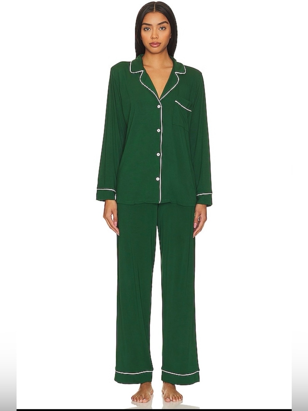 Eberjey Gisele Long Pajama Set L Forest Green Ivory TENCEL Modal PJs